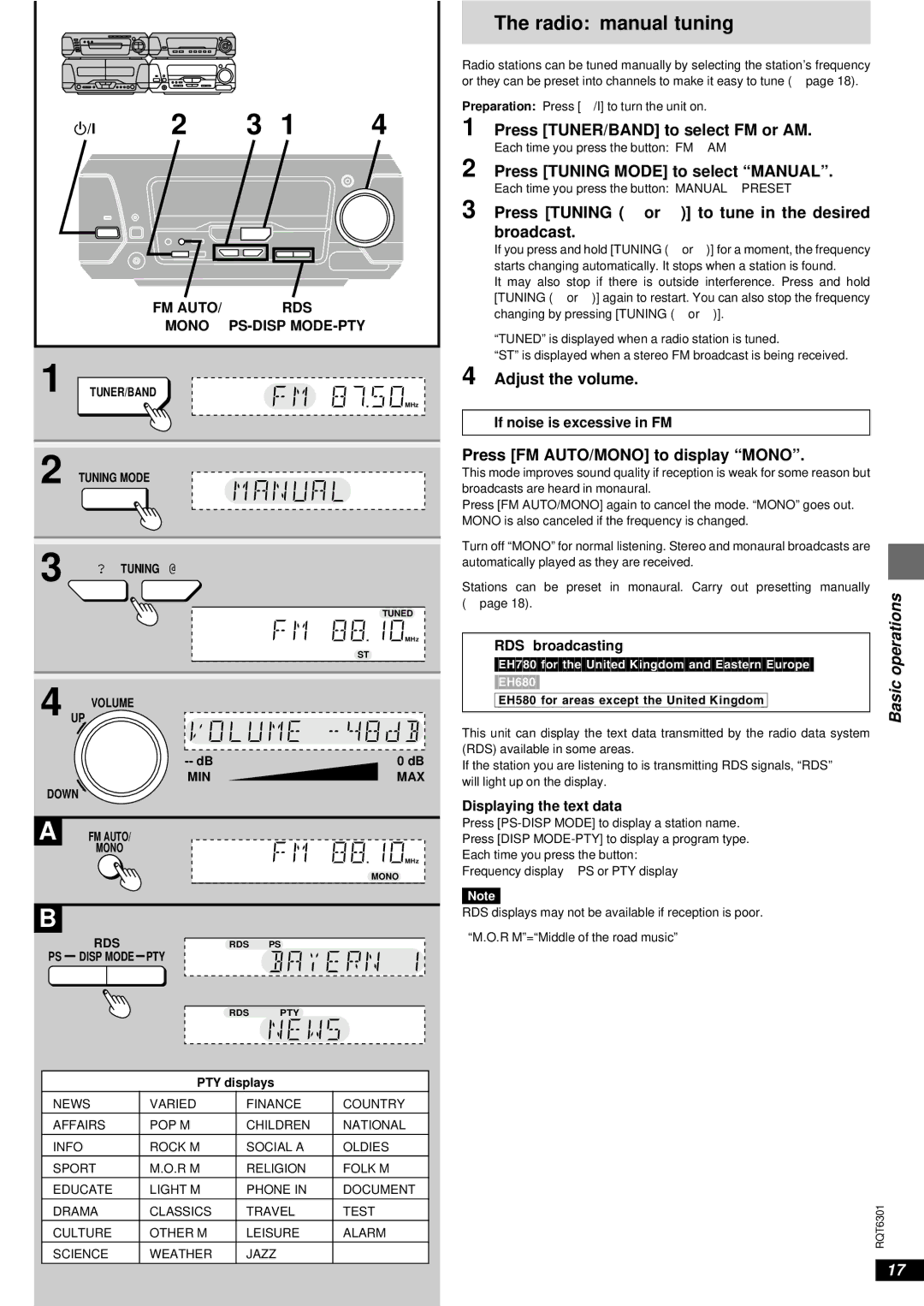 Technics SC-EH580, SC-EH780 Radio manual tuning, Press Tuning X or W to tune in the desired broadcast, Adjust the volume 