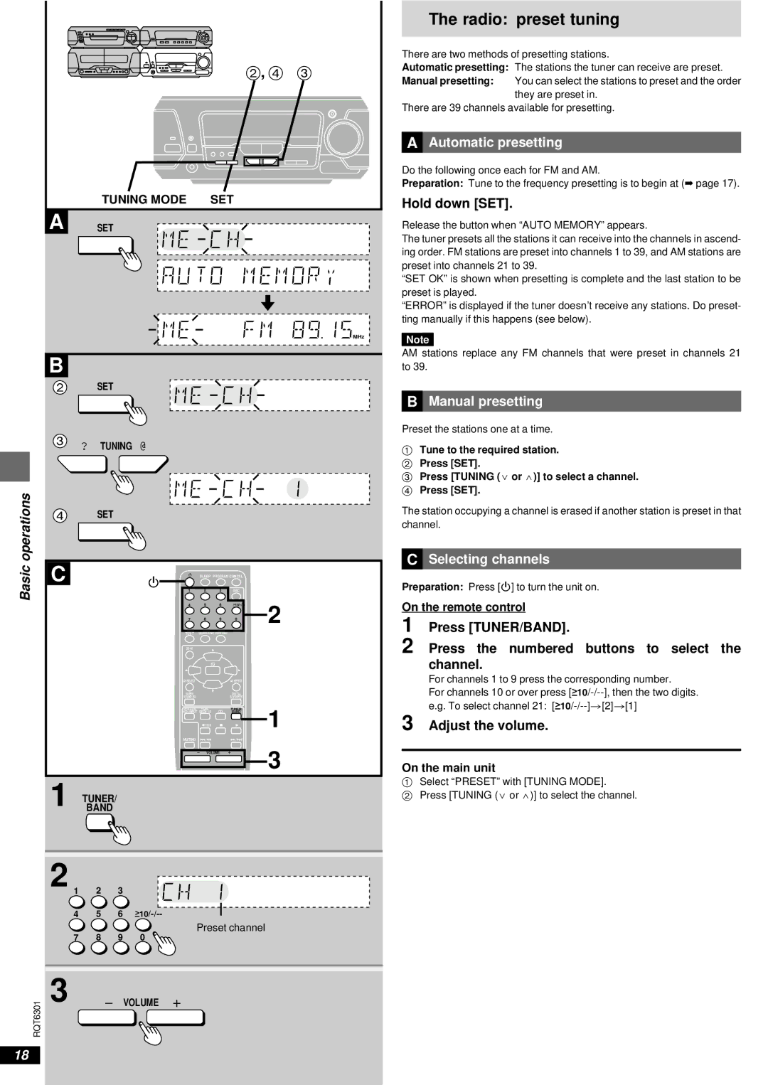 Technics SC-EH780, SC-EH680 manual Radio preset tuning, »A Automatic presetting, »B Manual presetting, »C Selecting channels 