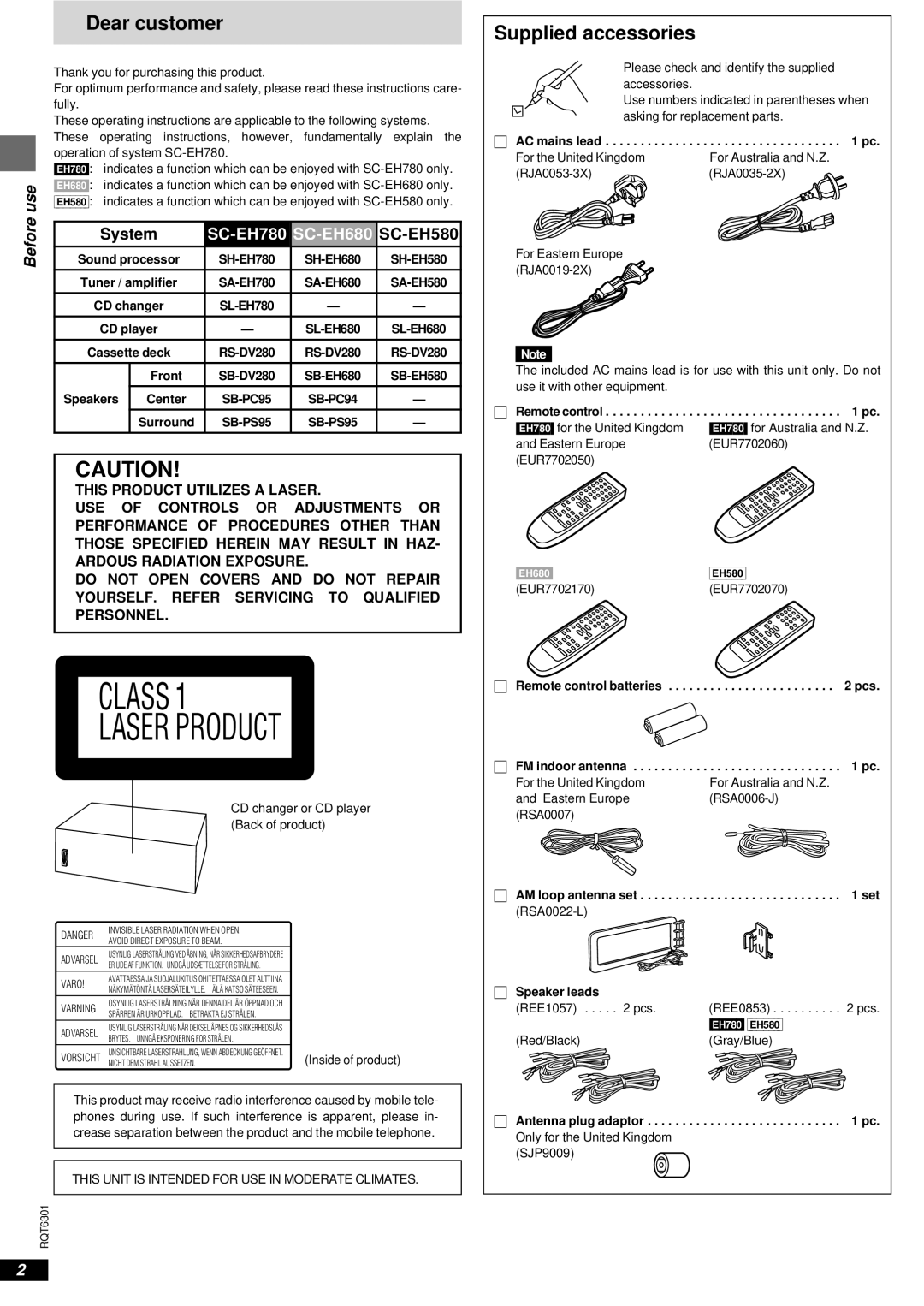 Technics SC-EH580 manual Dear customer, Supplied accessories, Use, SC-EH780 SC-EH680 