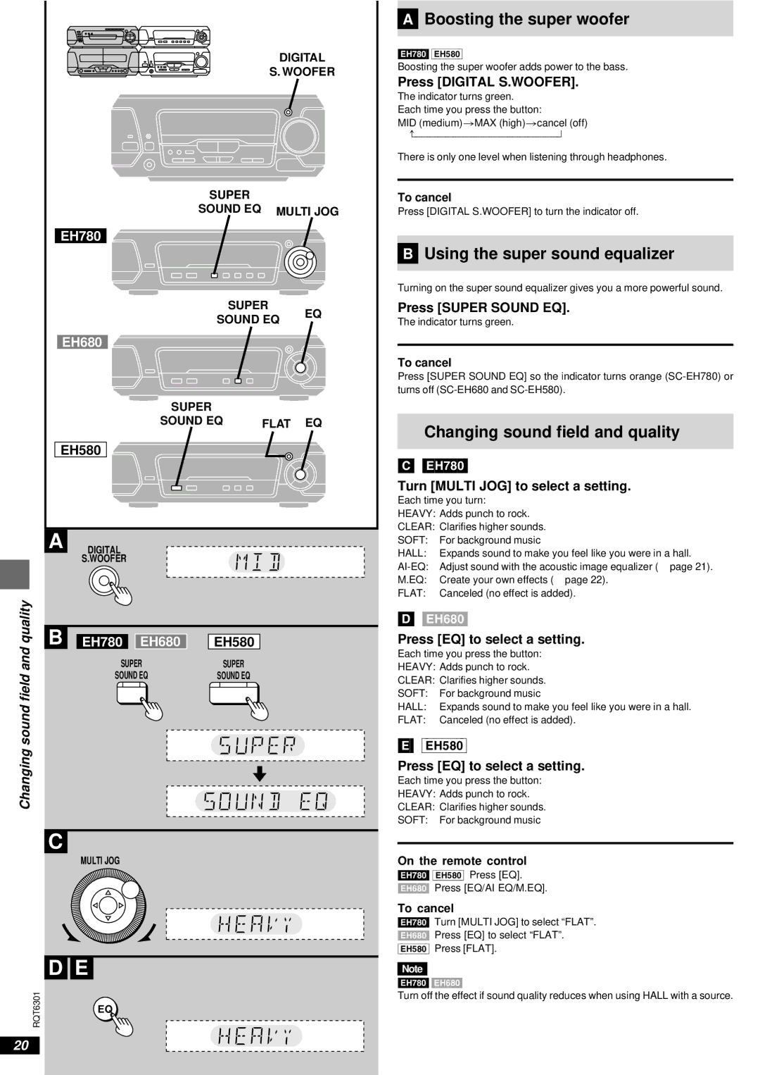 Technics SC-EH580 manual »A Boosting the super woofer, »B Using the super sound equalizer, Changing sound field and quality 