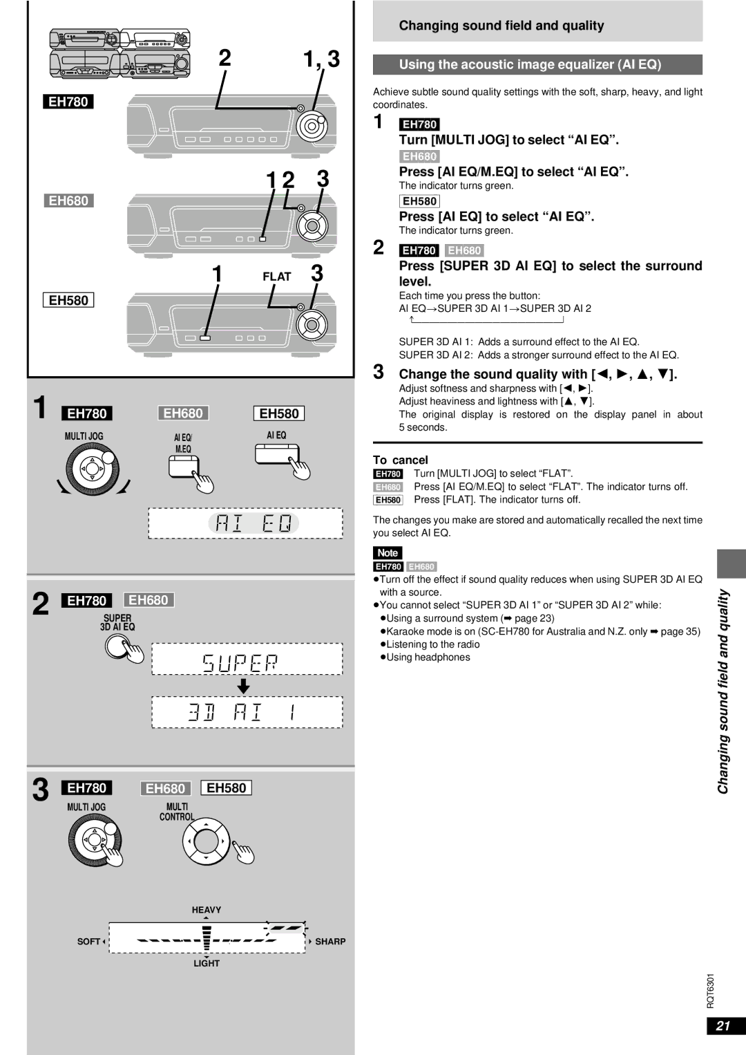 Technics SC-EH780, SC-EH680 manual EH780 EH680, Using the acoustic image equalizer AI EQ, Changing sound field and quality 