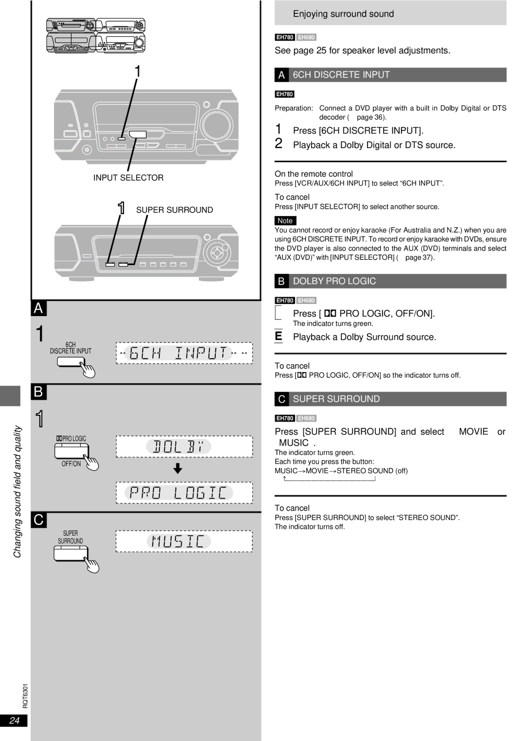 Technics SC-EH780, SC-EH680 Enjoying surround sound, See page 25 for speaker level adjustments, Press ë PRO LOGIC, OFF/ON 