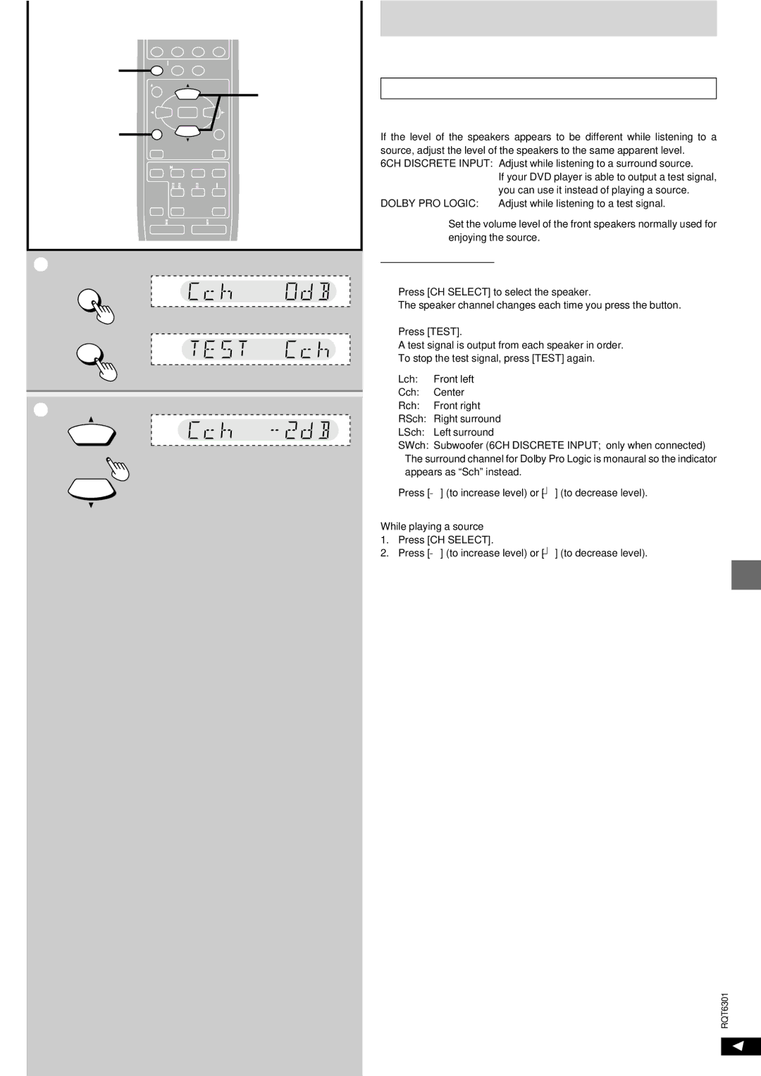 Technics SC-EH680, SC-EH780, SC-EH580 manual Speaker level adjustments, Dolby PRO Logic Press Test 