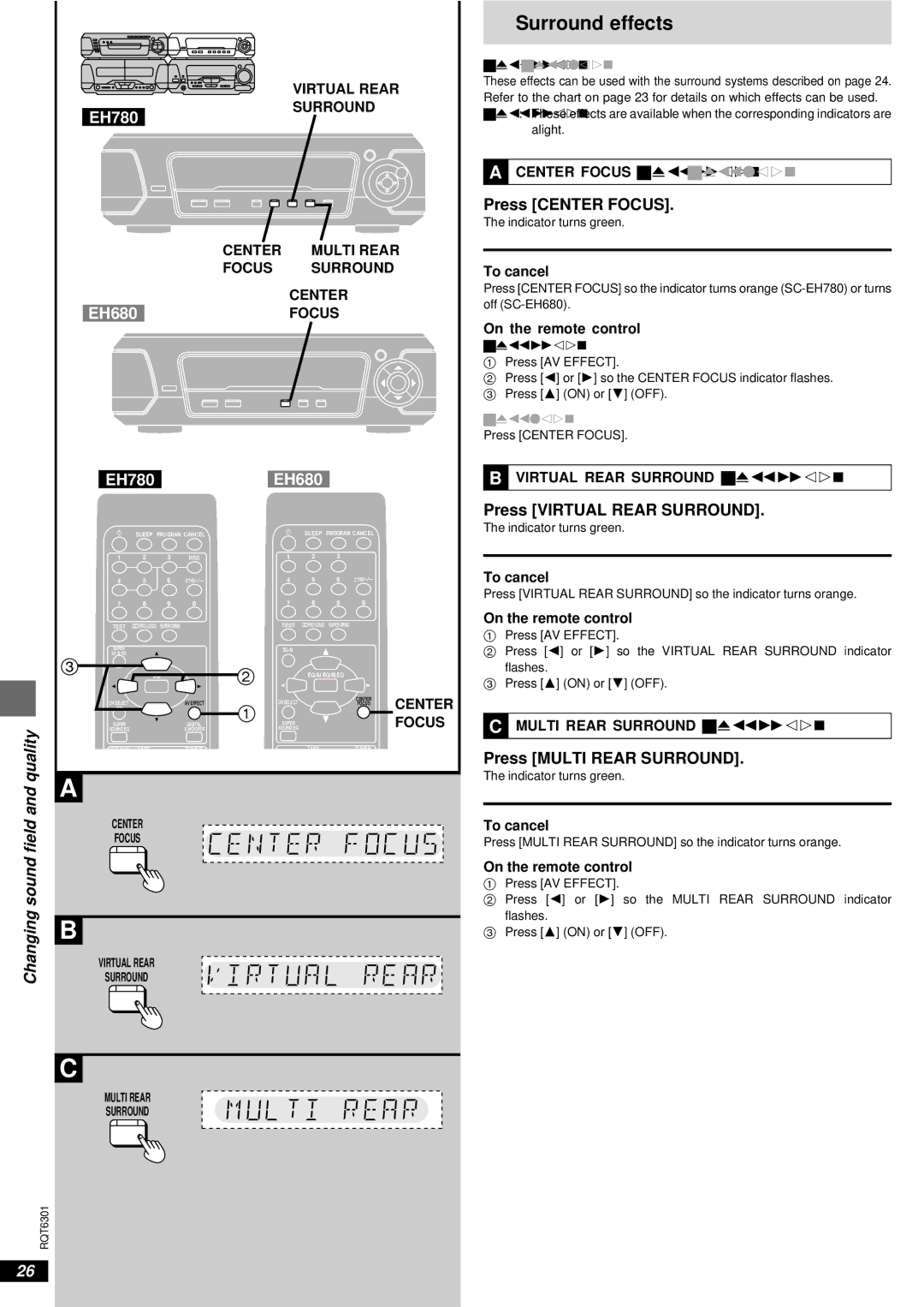 Technics SC-EH580, SC-EH780 Surround effects, Press Center Focus, Press Virtual Rear Surround, Press Multi Rear Surround 