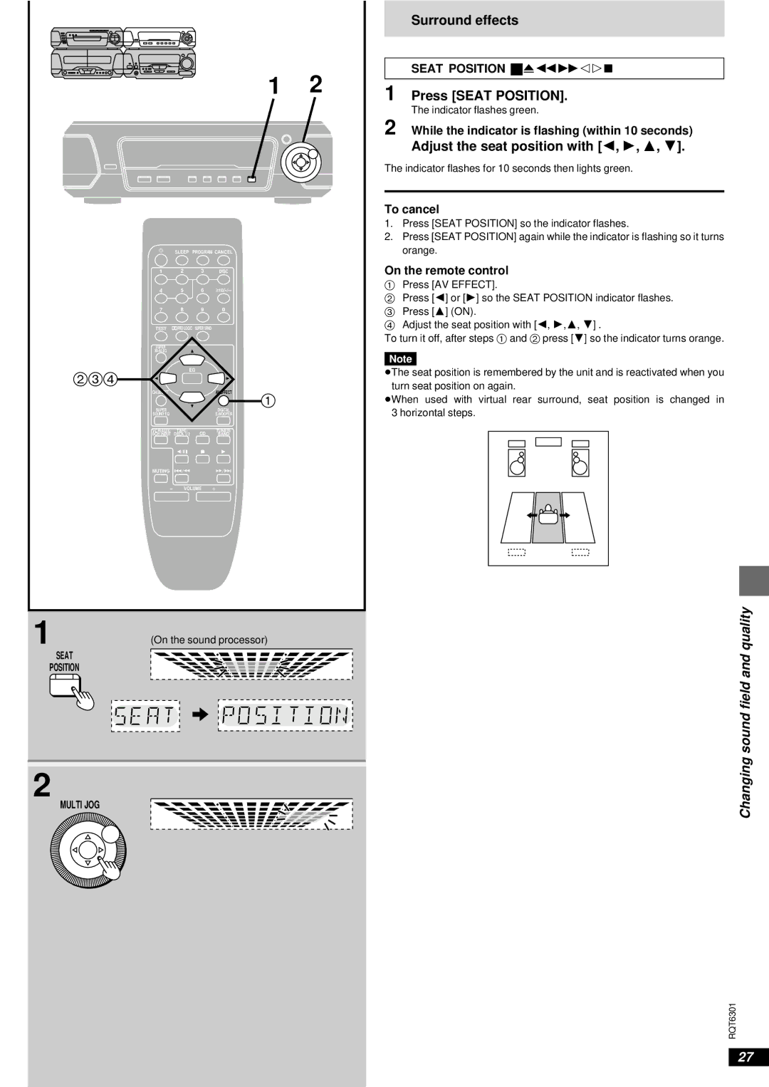 Technics SC-EH780, SC-EH680, SC-EH580 manual Surround effects, Press Seat Position, Adjust the seat position with 2, 1, 3 