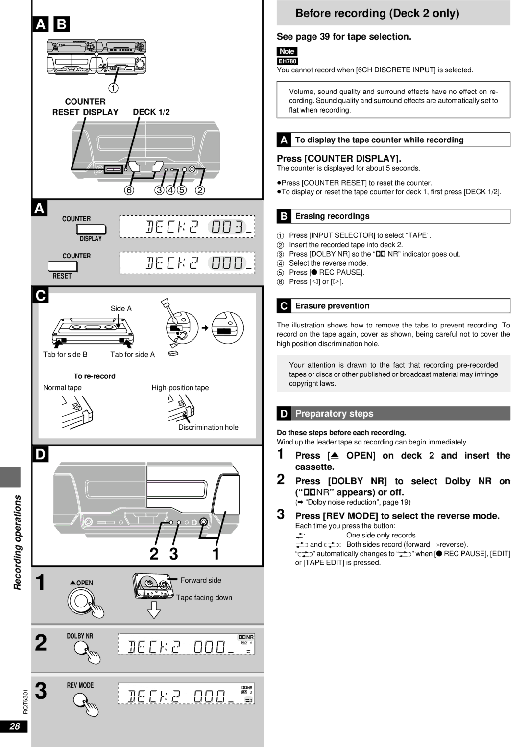 Technics SC-EH680, SC-EH780, SC-EH580 Before recording Deck 2 only, Operations, Press Counter Display, »D Preparatory steps 