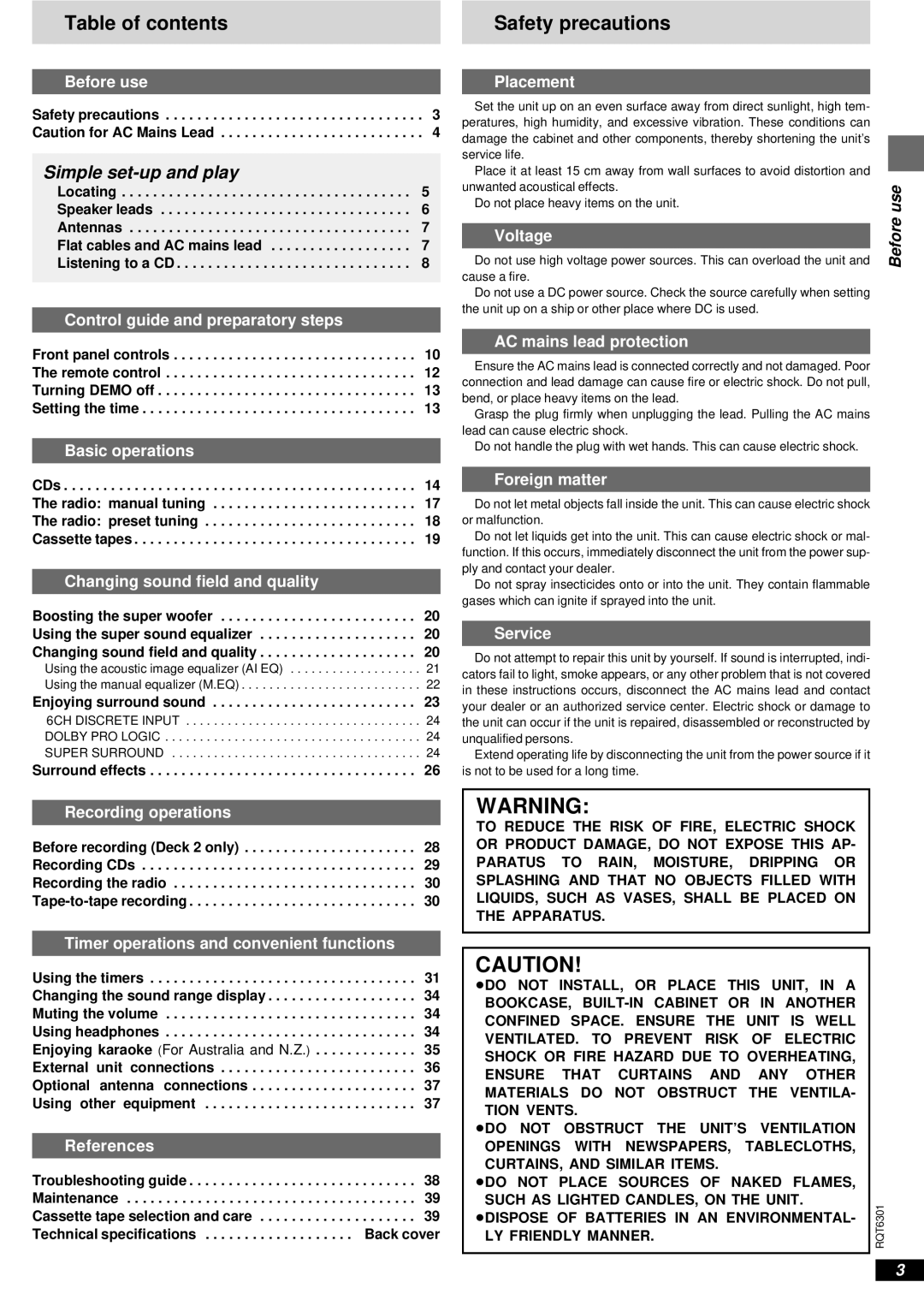 Technics SC-EH780, SC-EH680, SC-EH580 manual Table of contents, Safety precautions 