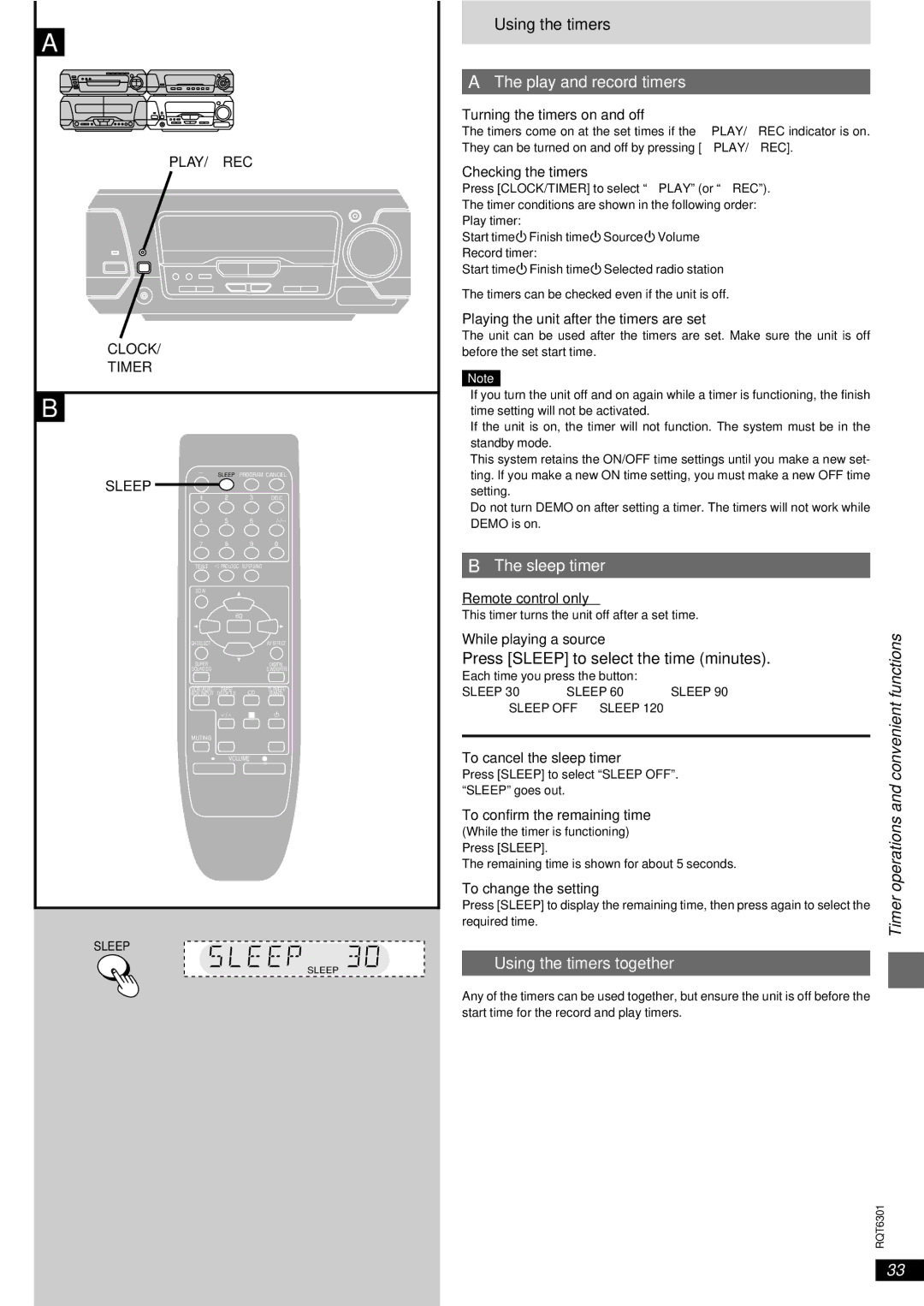 Technics SC-EH780, SC-EH680 manual »A The play and record timers, »B The sleep timer, Press Sleep to select the time minutes 