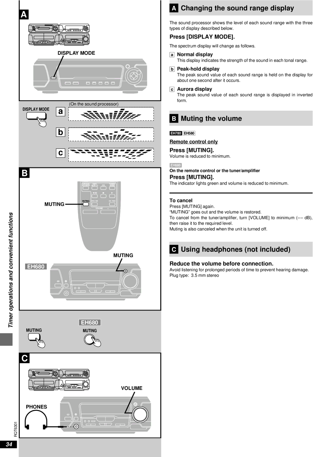 Technics SC-EH680, SC-EH780 »A Changing the sound range display, »B Muting the volume, »C Using headphones not included 