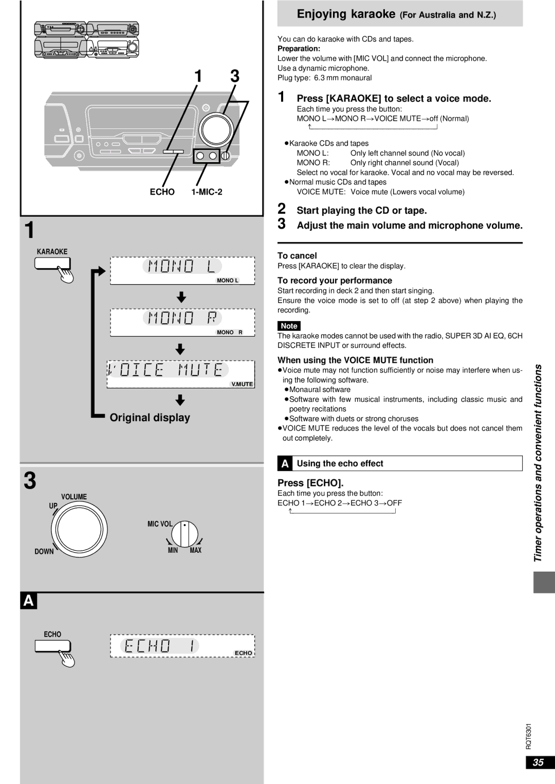 Technics SC-EH580, SC-EH780, SC-EH680 manual Press Karaoke to select a voice mode, Press Echo 