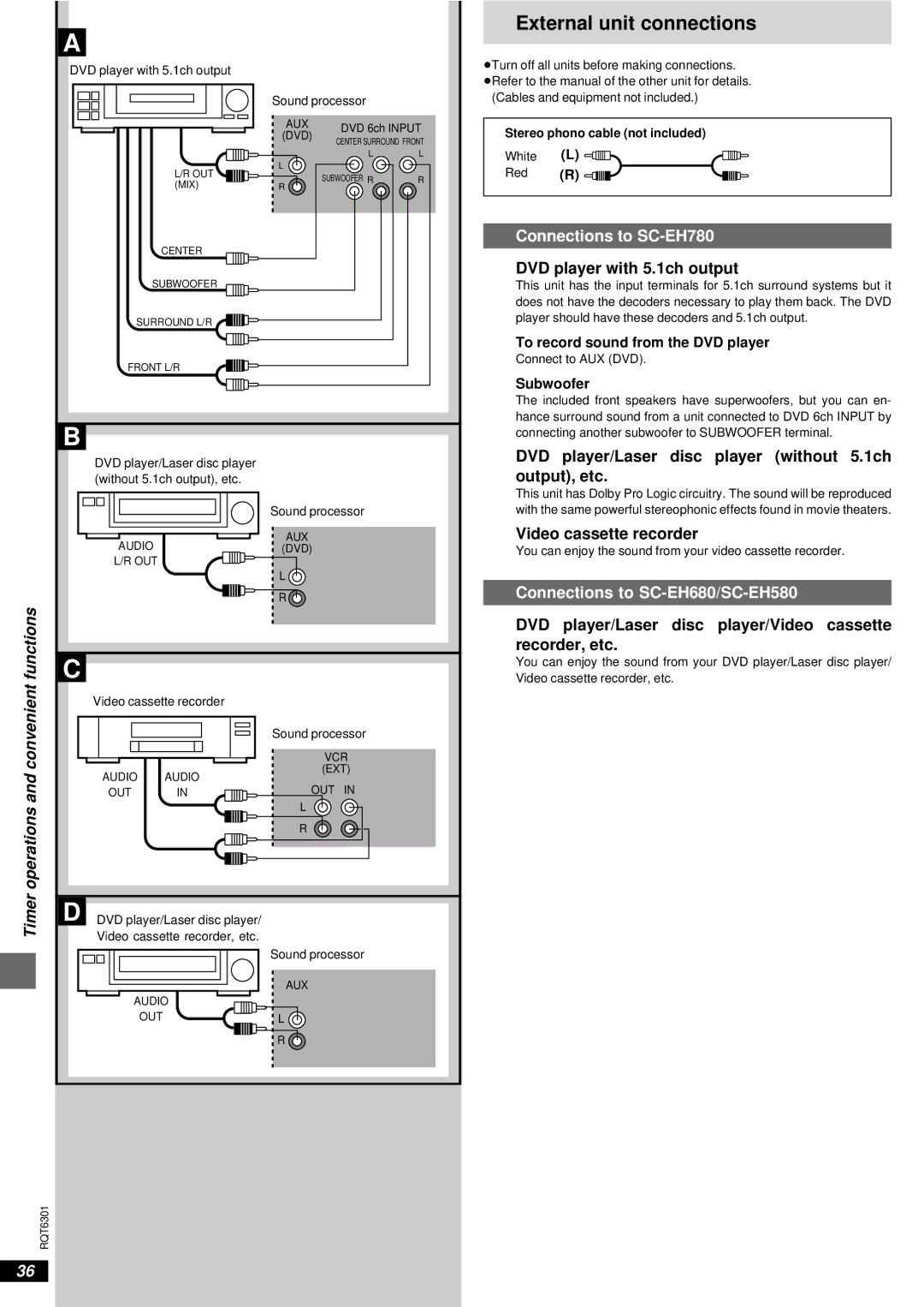 Technics manual External unit connections, Connections to SC-EH780, Connections to SC-EH680/SC-EH580, Timer 