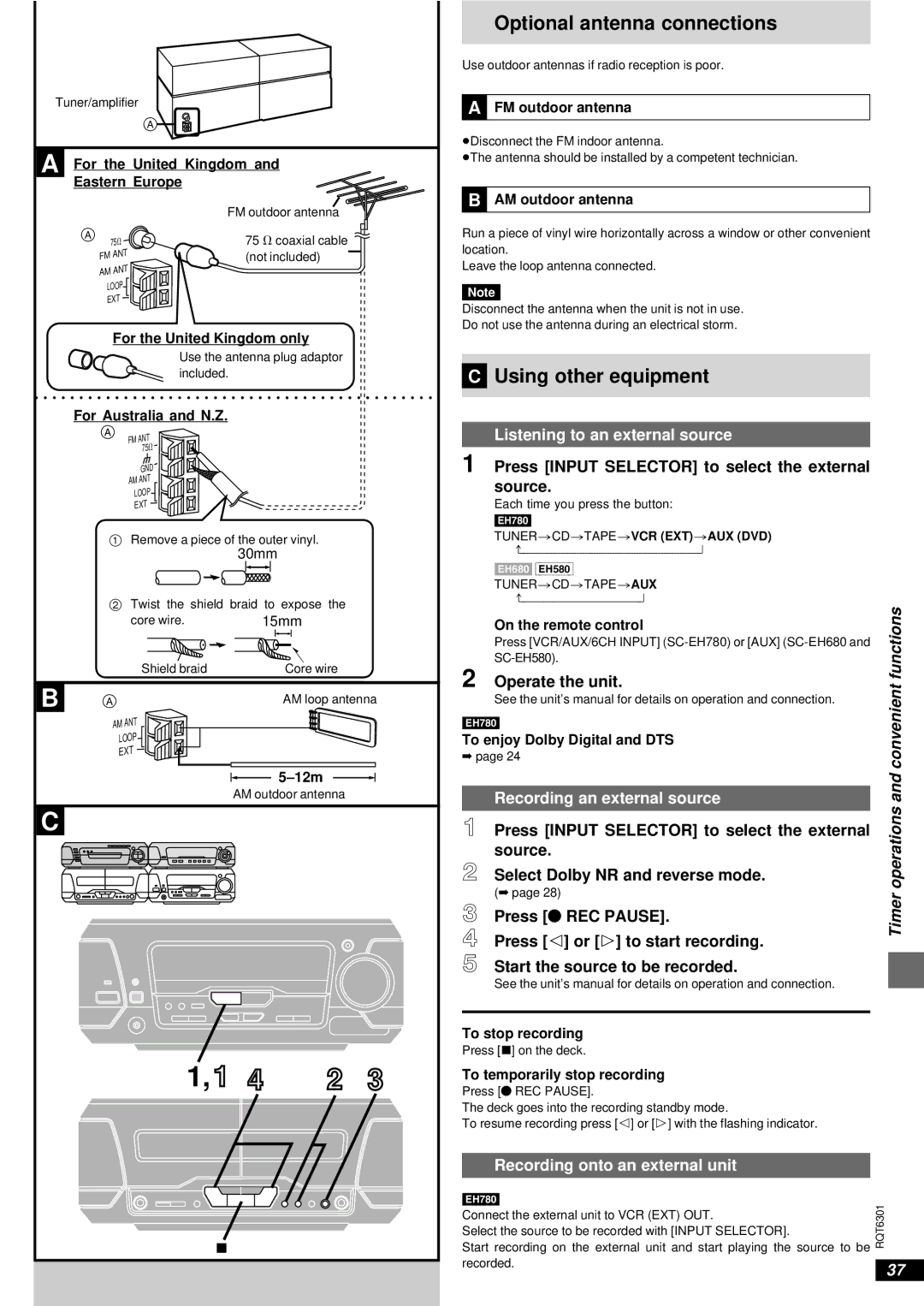 Technics SC-EH680, SC-EH780 manual Optional antenna connections, »C Using other equipment, Listening to an external source 