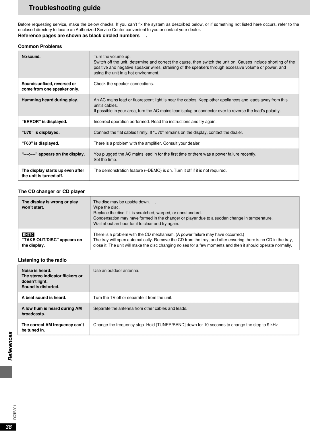 Technics SC-EH580, SC-EH780, SC-EH680 Troubleshooting guide, References, CD changer or CD player, Listening to the radio 