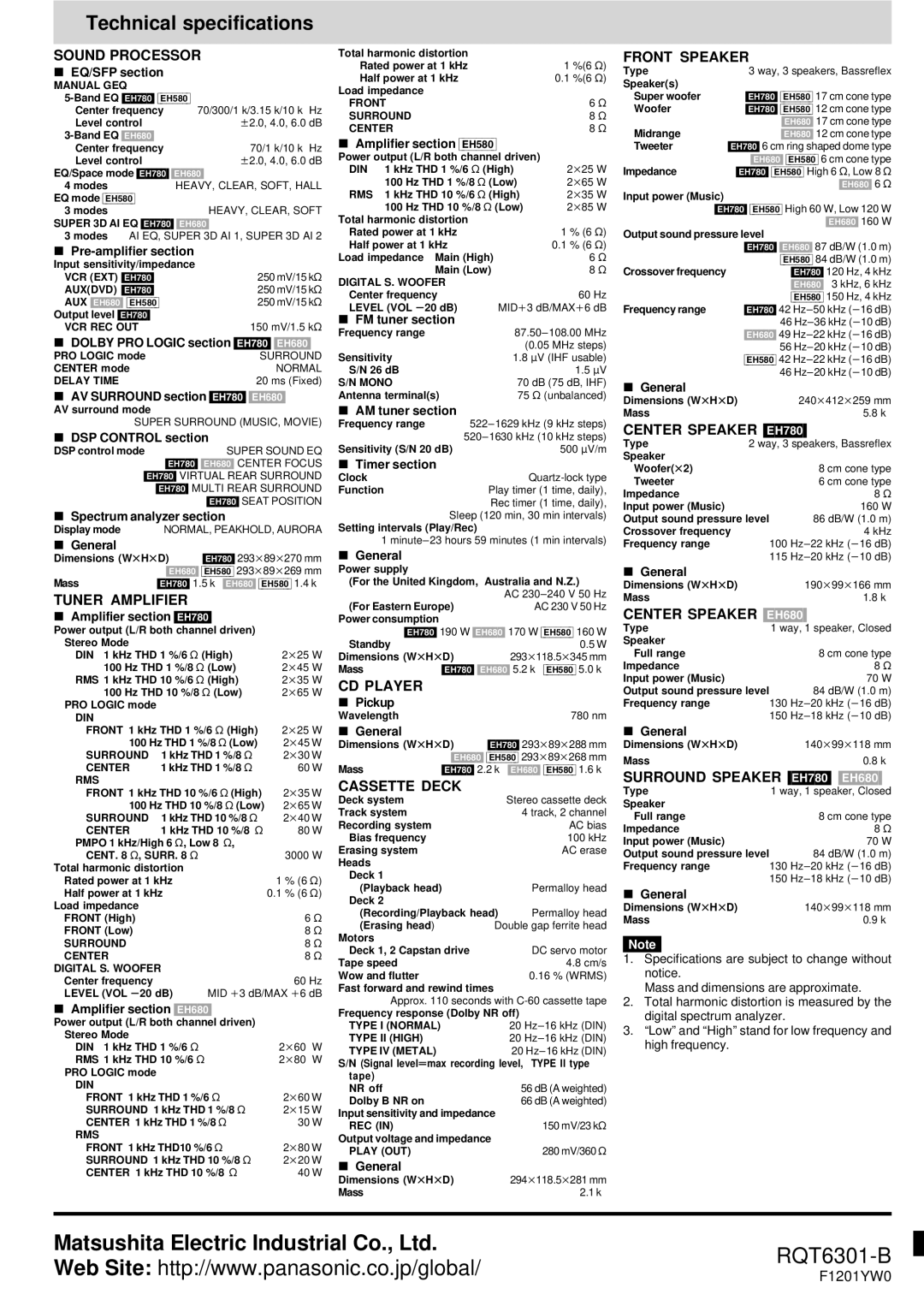 Technics SC-EH680, SC-EH780, SC-EH580 manual Technical specifications 