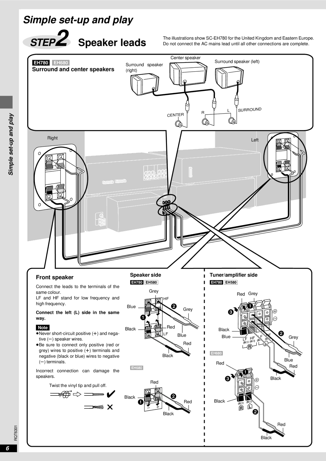 Technics SC-EH780, SC-EH680, SC-EH580 manual Surround and center speakers, Front speaker, Speaker side, Tuner/amplifier side 