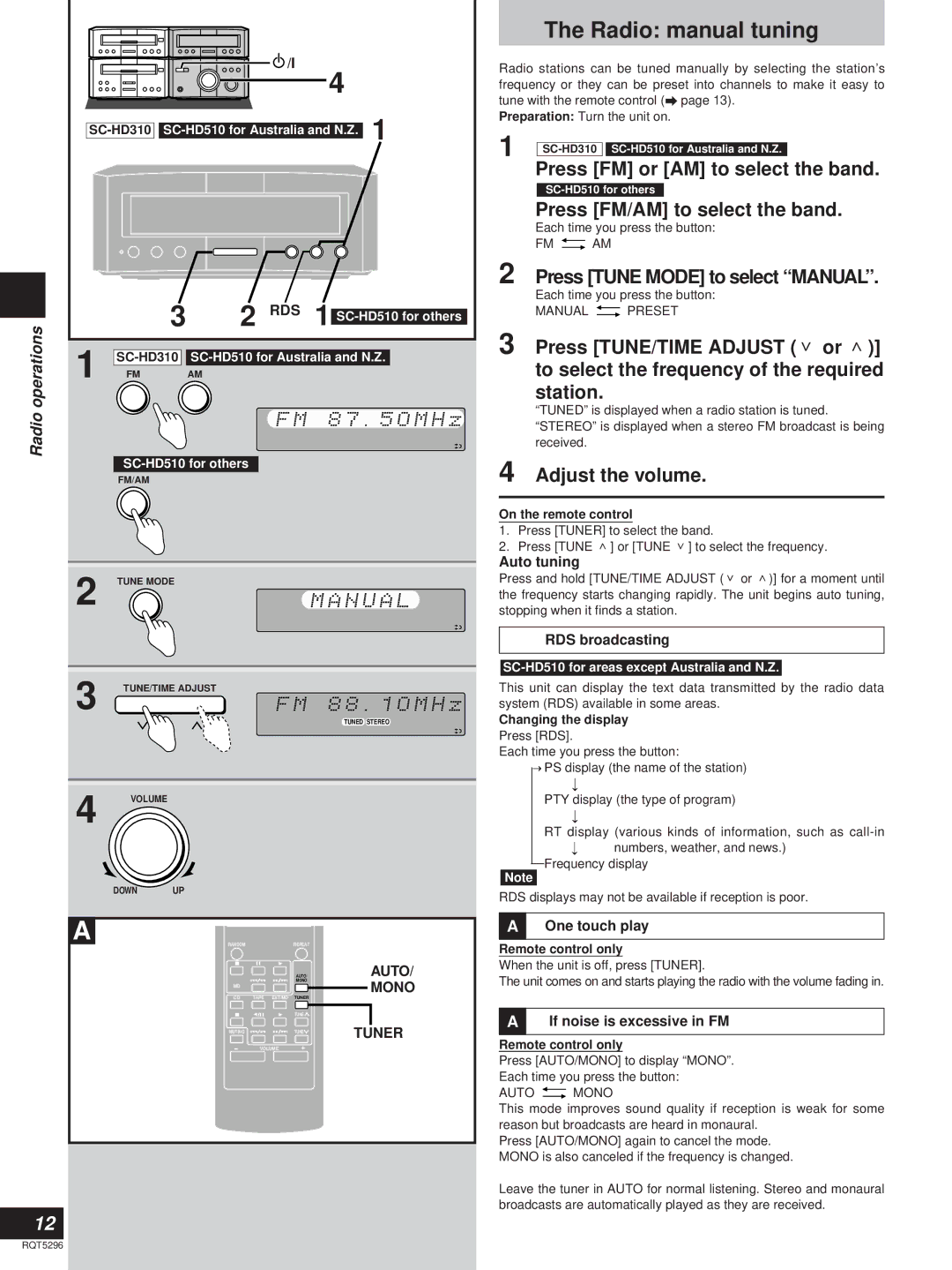 Technics SC-HD510, SC-HD310 Radio manual tuning, Press FM or AM to select the band, Press FM/AM to select the band 