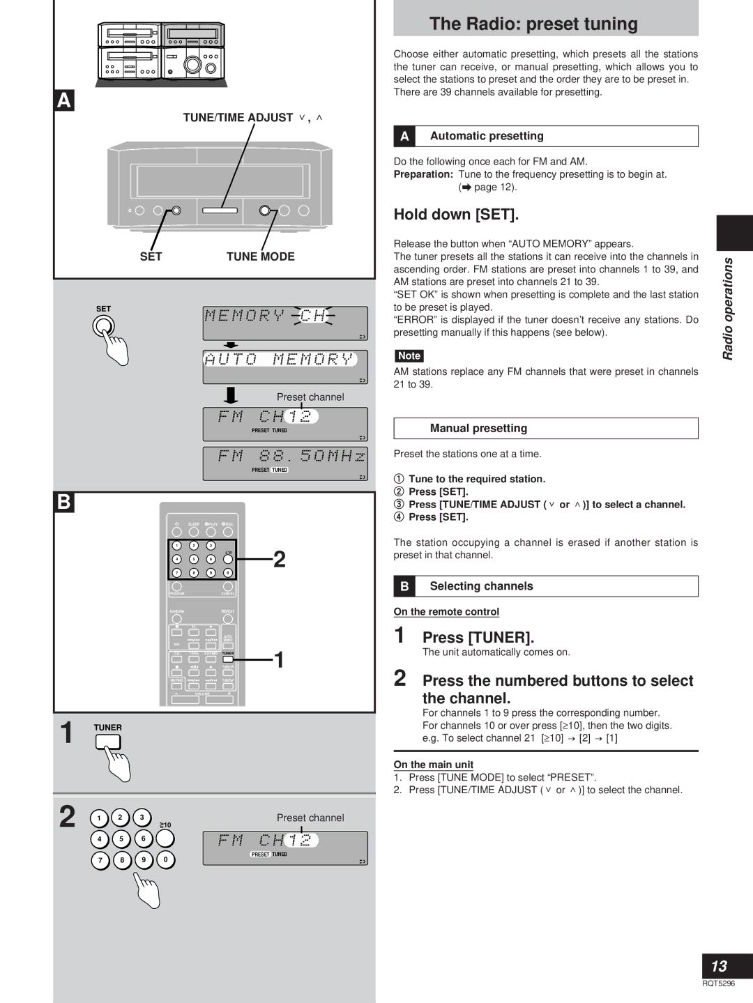 Technics SC-HD310 manual Radio preset tuning, Hold down SET, Press Tuner, Press the numbered buttons to select the channel 