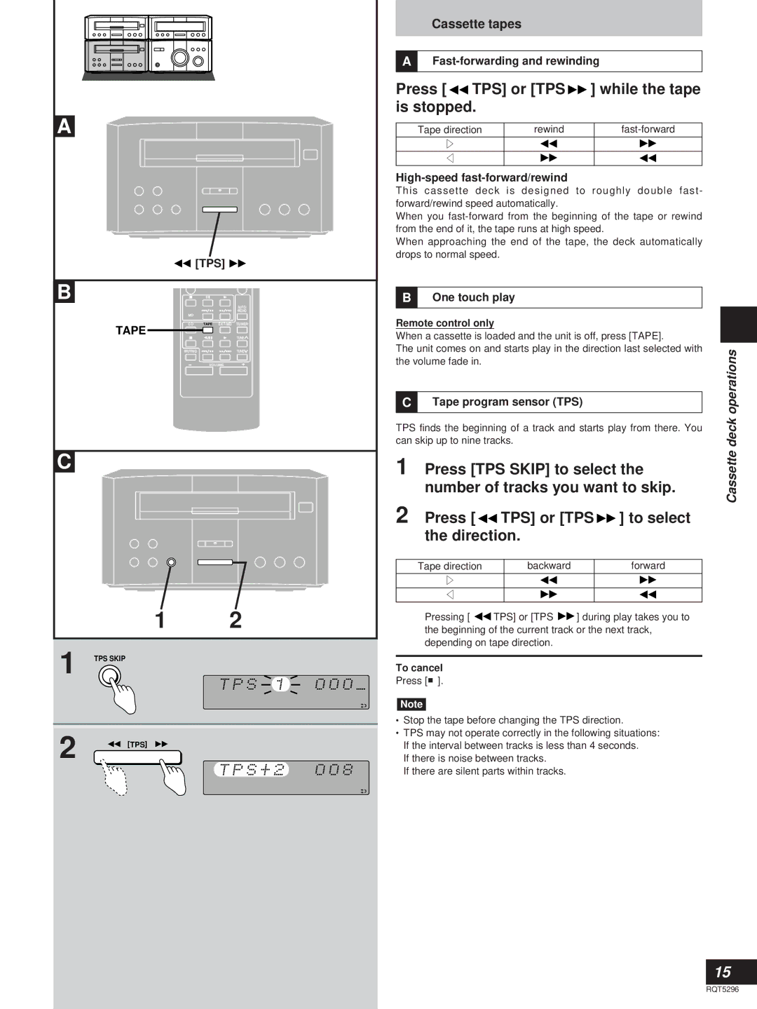 Technics SC-HD310, SC-HD510 manual Press TPS or TPS while the tape is stopped, Press TPS Skip to select, Cassette tapes 