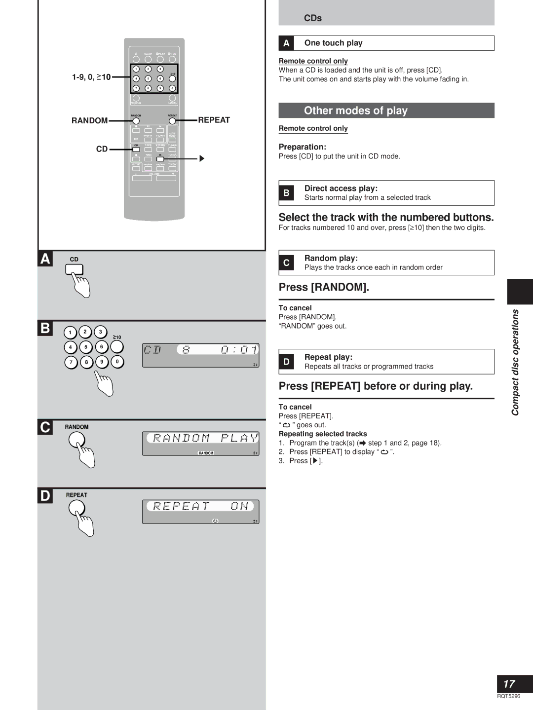 Technics SC-HD310, SC-HD510 manual Other modes of play, Select the track with the numbered buttons, Press Random, CDs 