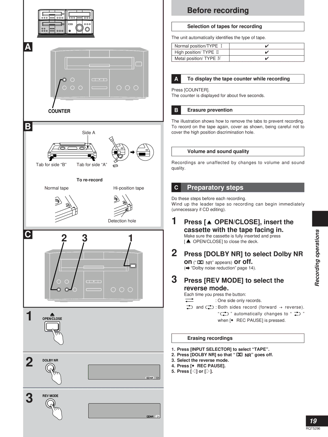 Technics SC-HD310, SC-HD510 Before recording, Preparatory steps, Press OPEN/CLOSE, insert Cassette with the tape facing 