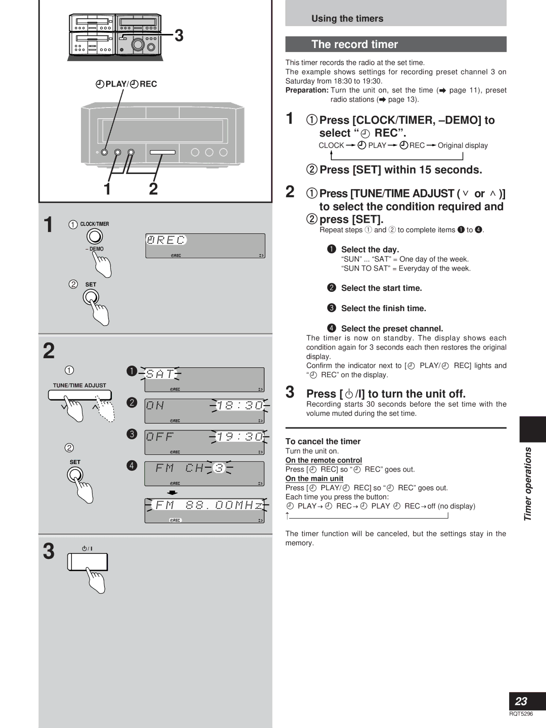 Technics SC-HD310, SC-HD510 manual Record timer, QPress CLOCK/TIMER, -DEMO to select REC, Using the timers 