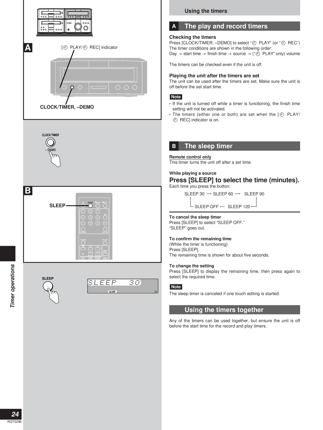 Technics SC-HD510 Play and record timers, Sleep timer, Press Sleep to select the time minutes, Using the timers together 