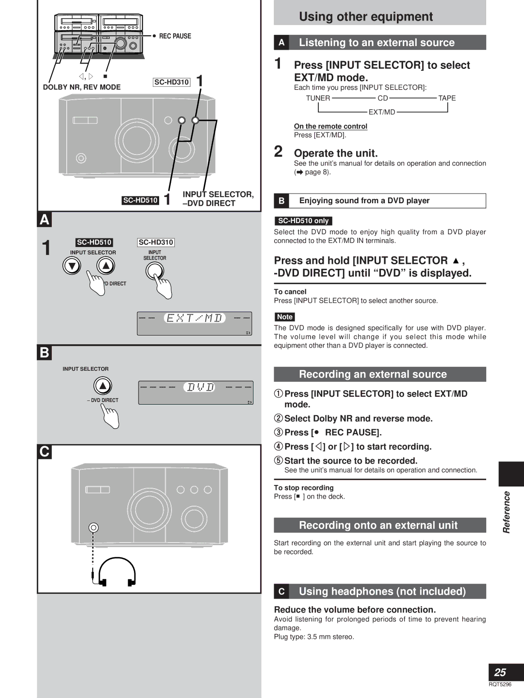 Technics SC-HD310, SC-HD510 manual Using other equipment, Listening to an external source, Recording an external source 