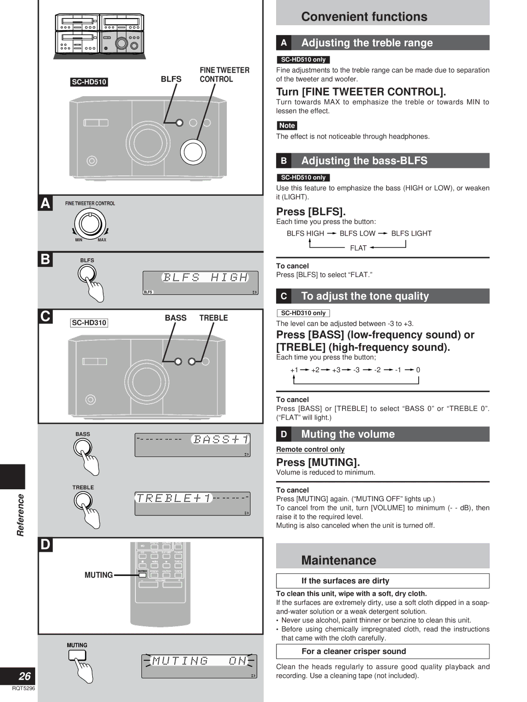 Technics SC-HD510, SC-HD310 manual Convenient functions, Maintenance 