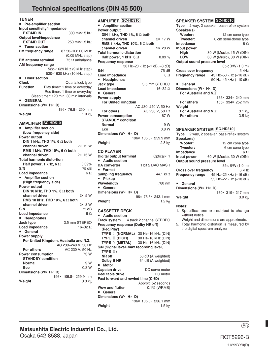 Technics SC-HD510, SC-HD310 manual Technical specifications DIN 45 