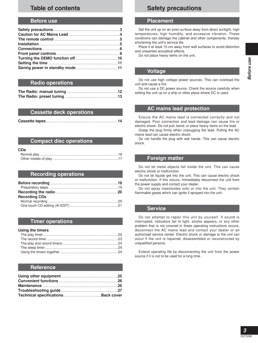 Technics SC-HD310, SC-HD510 manual Table of contents Safety precautions 