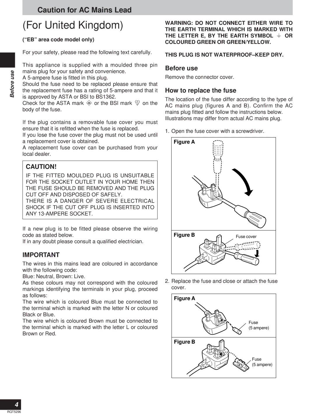 Technics SC-HD510, SC-HD310 manual Before use, How to replace the fuse, EB area code model only 