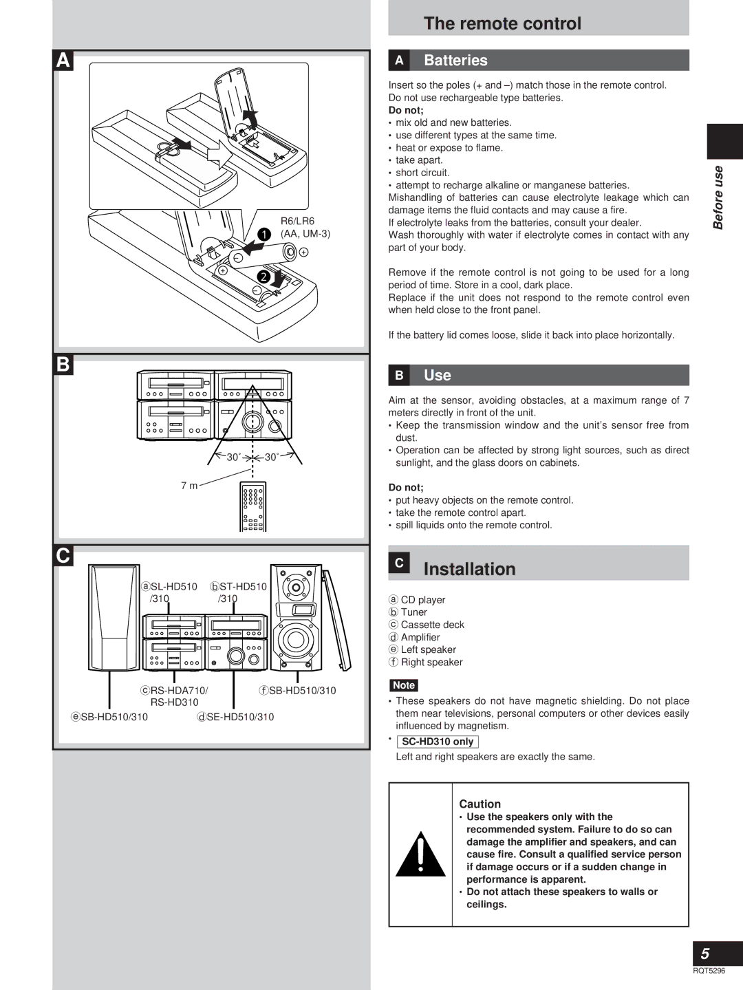 Technics SC-HD310, SC-HD510 manual Remote control, Installation, Batteries, Use 