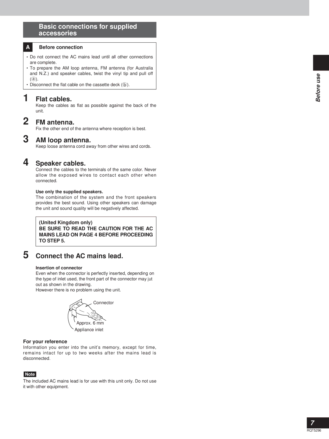 Technics SC-HD310, SC-HD510 manual Basic connections for supplied accessories 