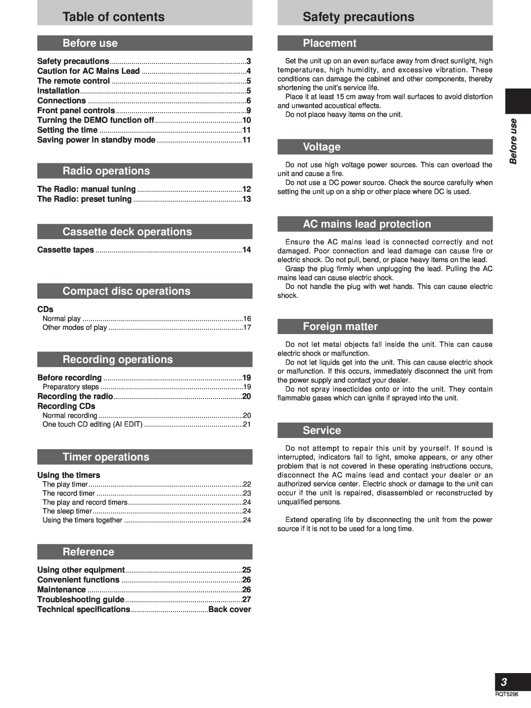 Technics SC-HD310, SC-HD510 manual Table of contents, Safety precautions 