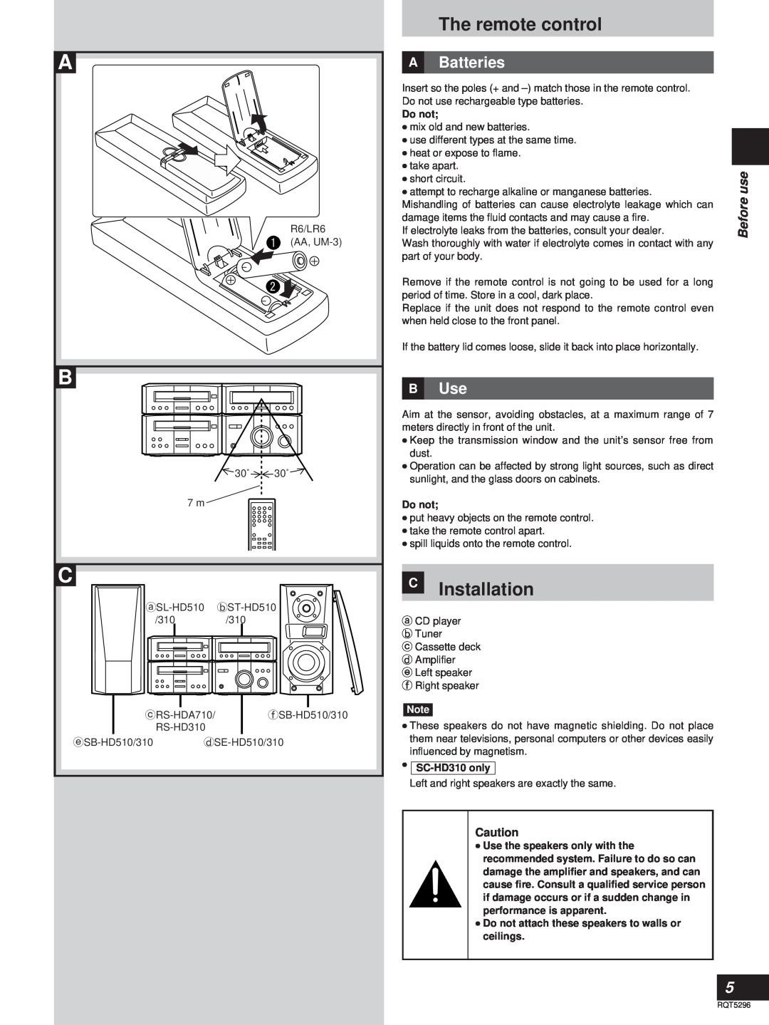 Technics SC-HD310, SC-HD510 manual The remote control, CInstallation 