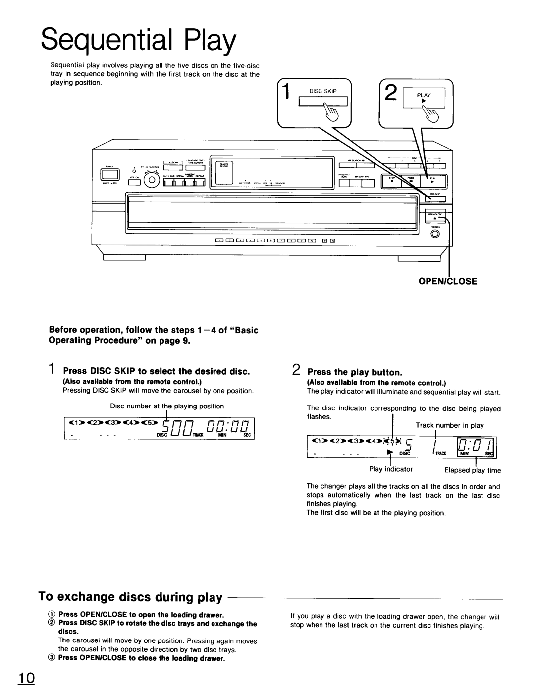 Technics SL-PD947 operating instructions Sequential Play, To exchange discs during play, Press the play button, SECll 