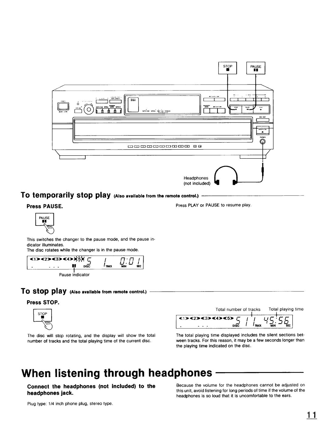 Technics SL-PD947 When listening through headphones, To temporarily stop play A,o.v.,ebfromtheremote.control 