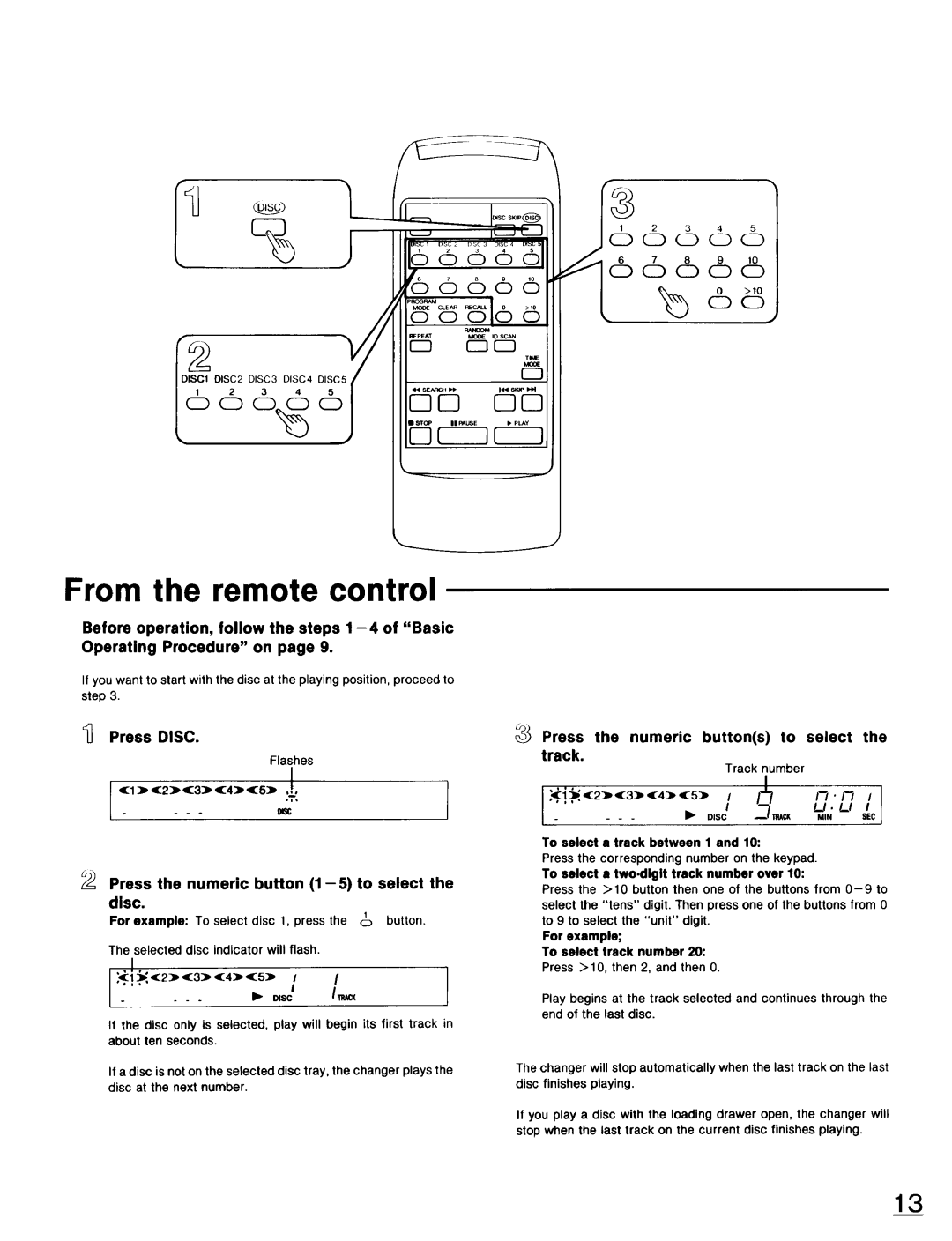 Technics SL-PD947 From the remote control, Press the numeric button 1 -5 to select the disc, Flashes, Track number 