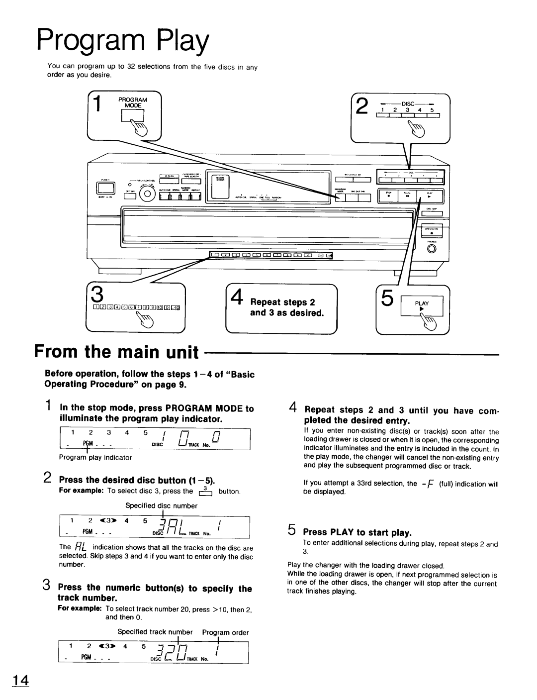 Technics SL-PD947 Program Play, Press the desired disc button, Press the numeric buttons to specify the track number 