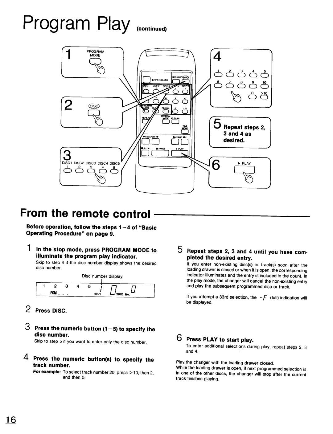 Technics SL-PD947 operating instructions Program Play ,oon, Press the numeric button 1 -5 to specify the disc number 