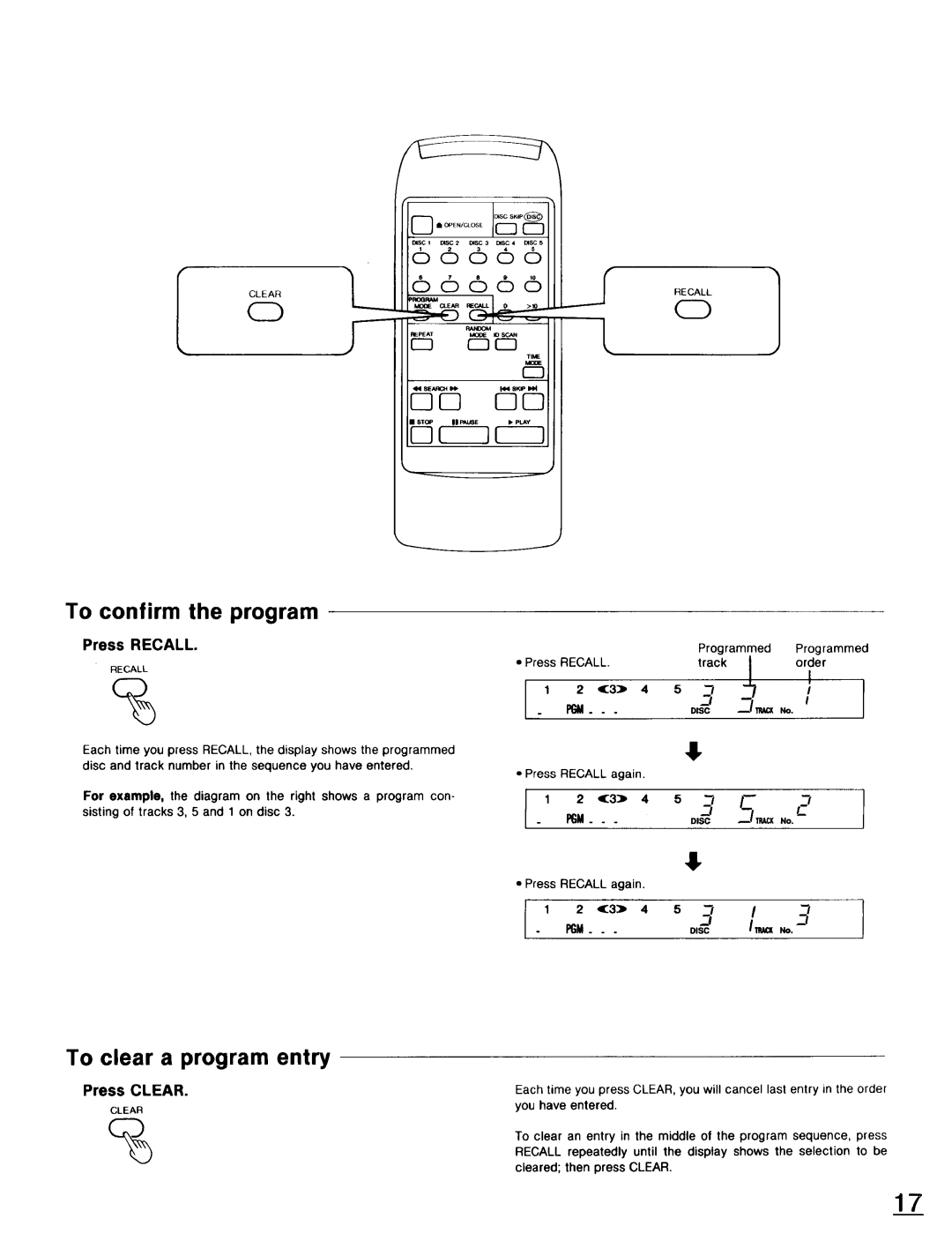 Technics SL-PD947 operating instructions To confirm the program, To clear a program entry, Press Recall 