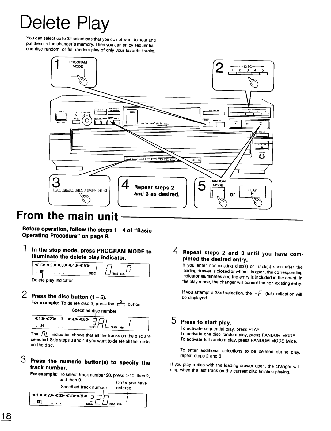 Technics SL-PD947 operating instructions Delete Play, Press the disc button, Press to start play, Delete play indicator 