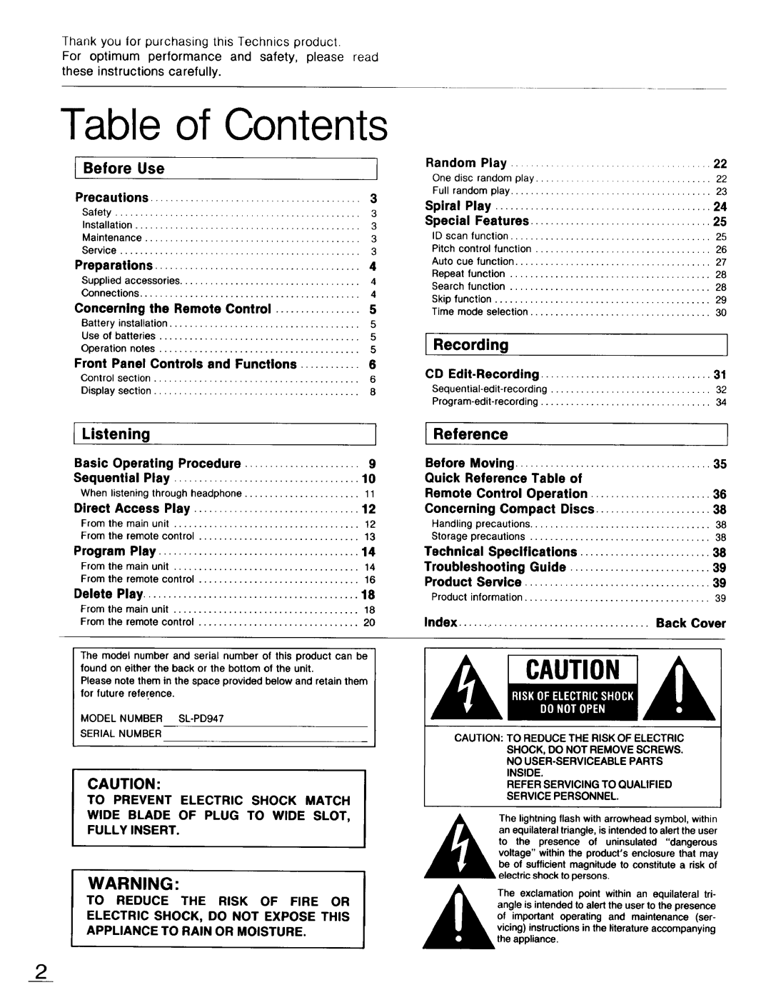 Technics SL-PD947 operating instructions Table of Contents 