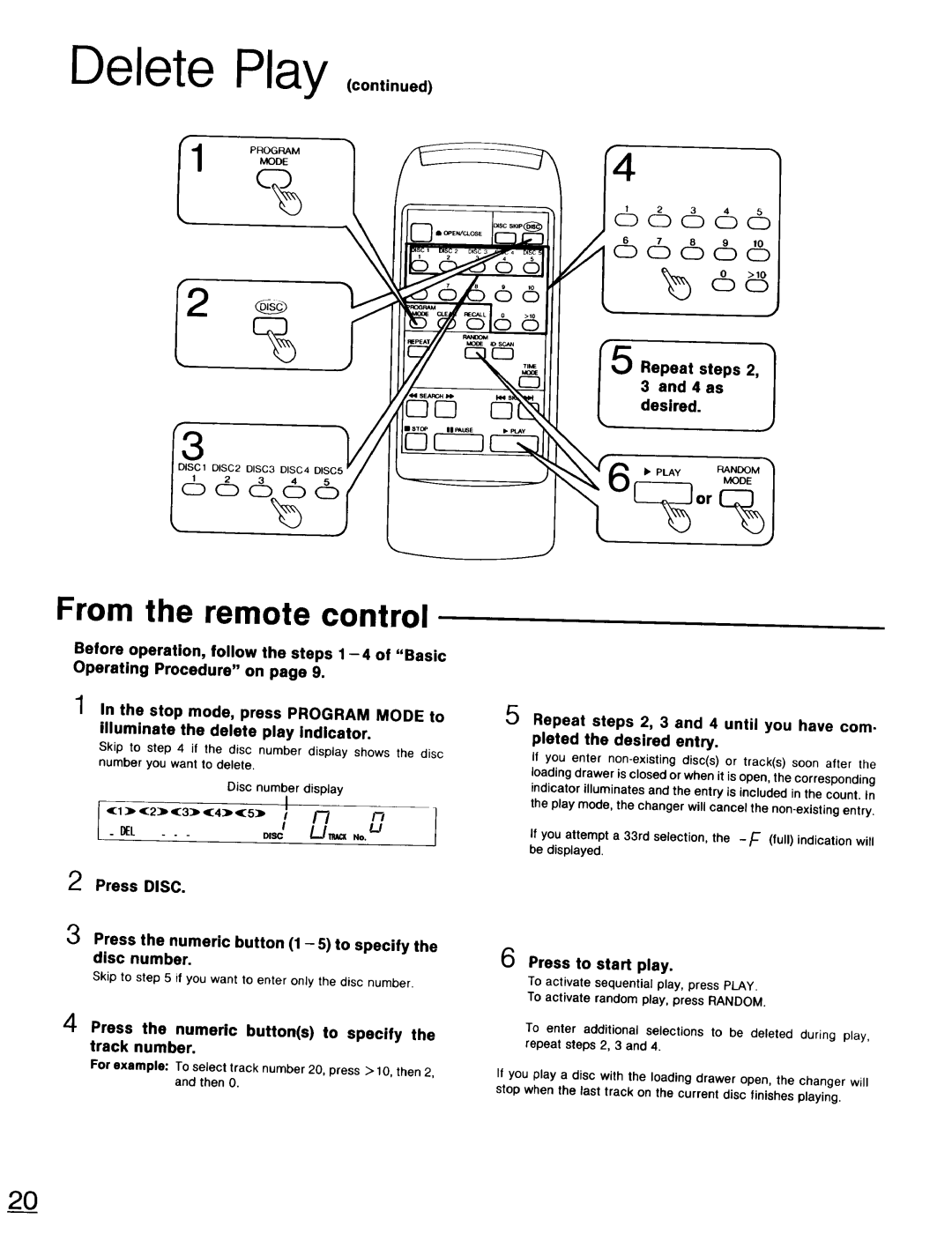 Technics SL-PD947 Delete Play ,on,,nu, as Desiredepeat. steps 2, 13E4, Skip to if you want to enter only the disc number 