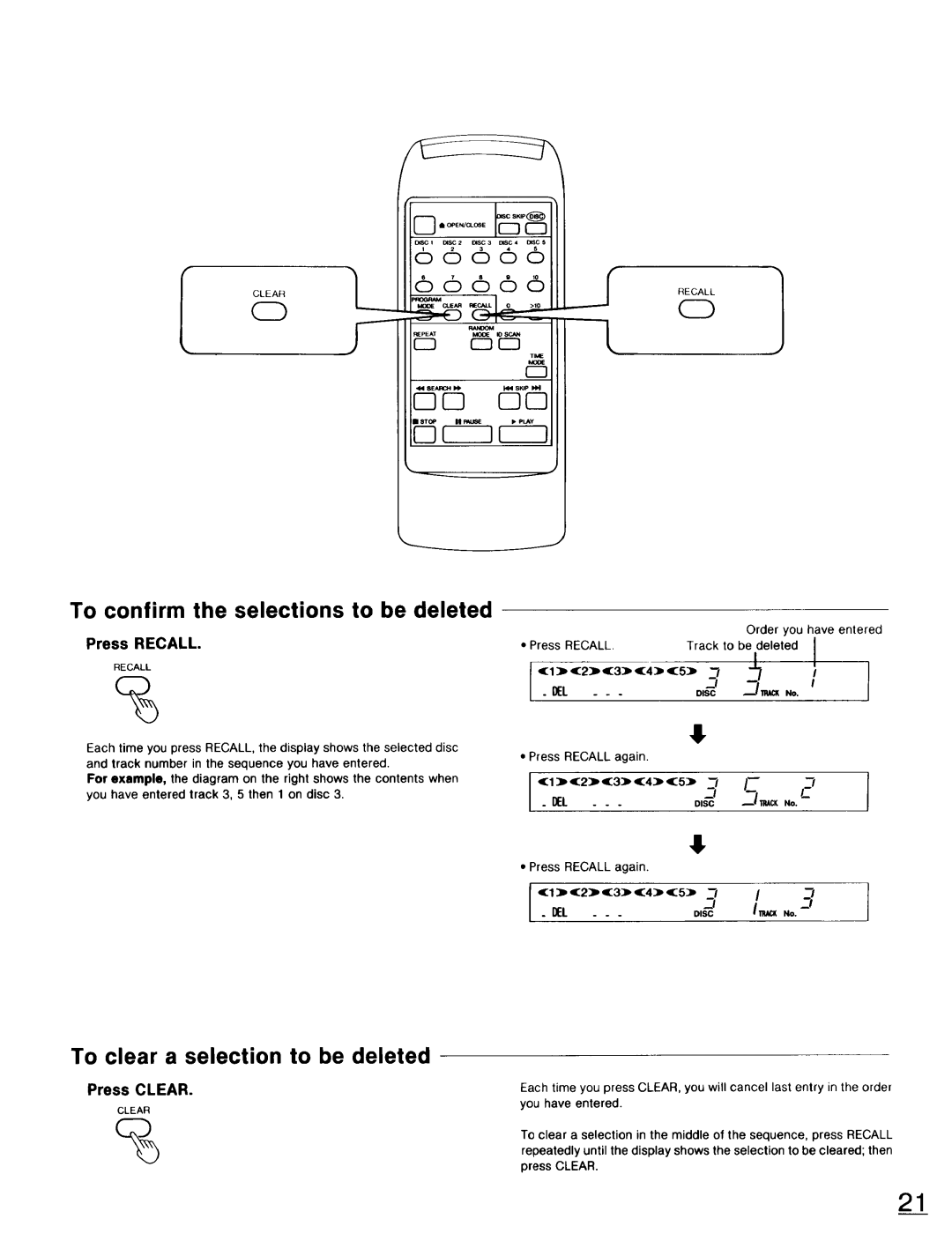 Technics SL-PD947 To confirm the selections to be deleted, To clear a selection to be deleted, Press Clear 