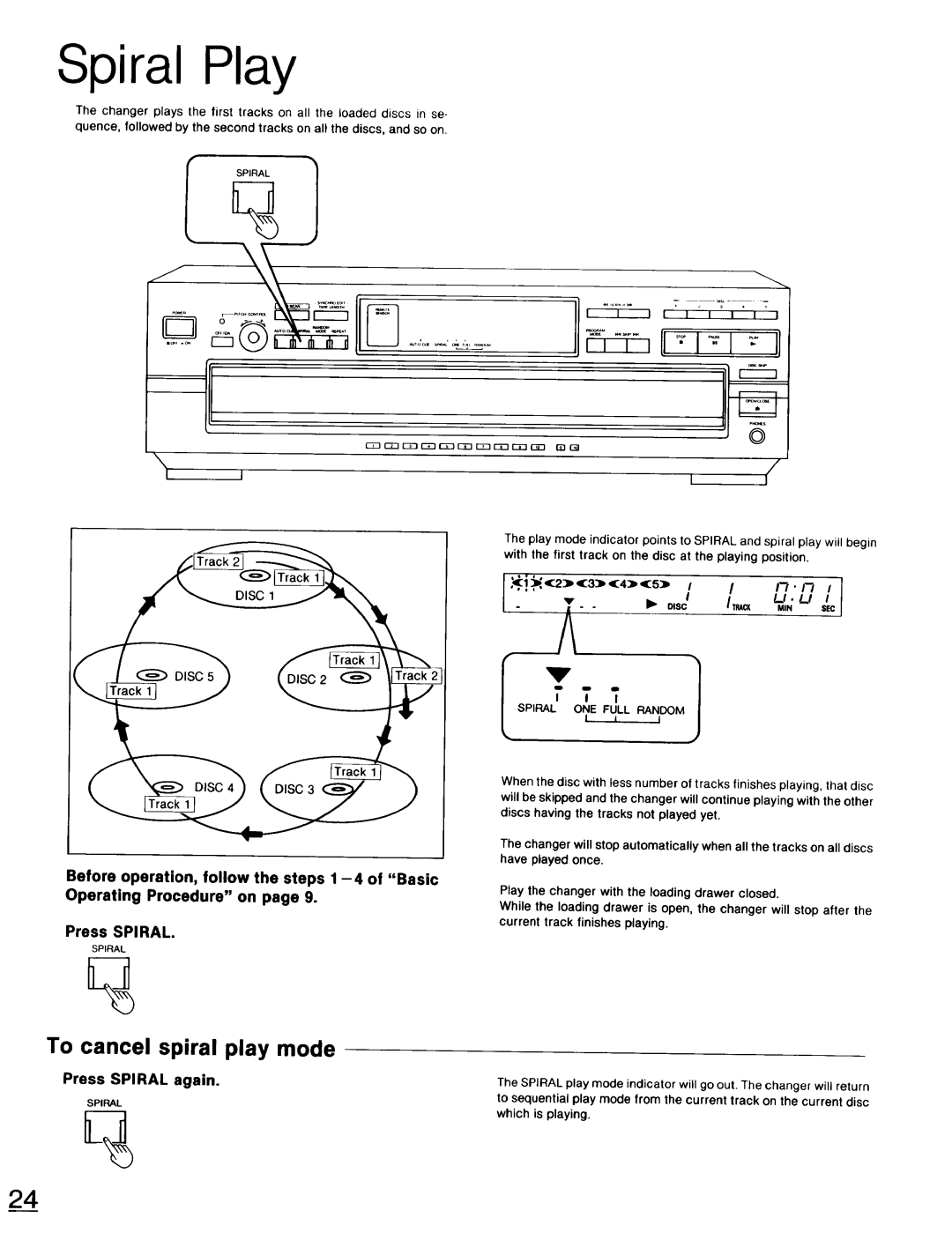 Technics SL-PD947 operating instructions Spiral Play, To cancel spiral play mode, Which is playing 