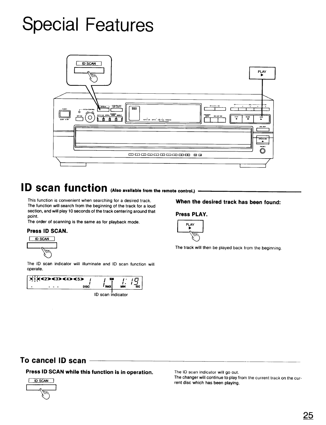 Technics SL-PD947 Special Features, To cancel ID scan, Press ID Scan, When the desired track has been found Press Play 