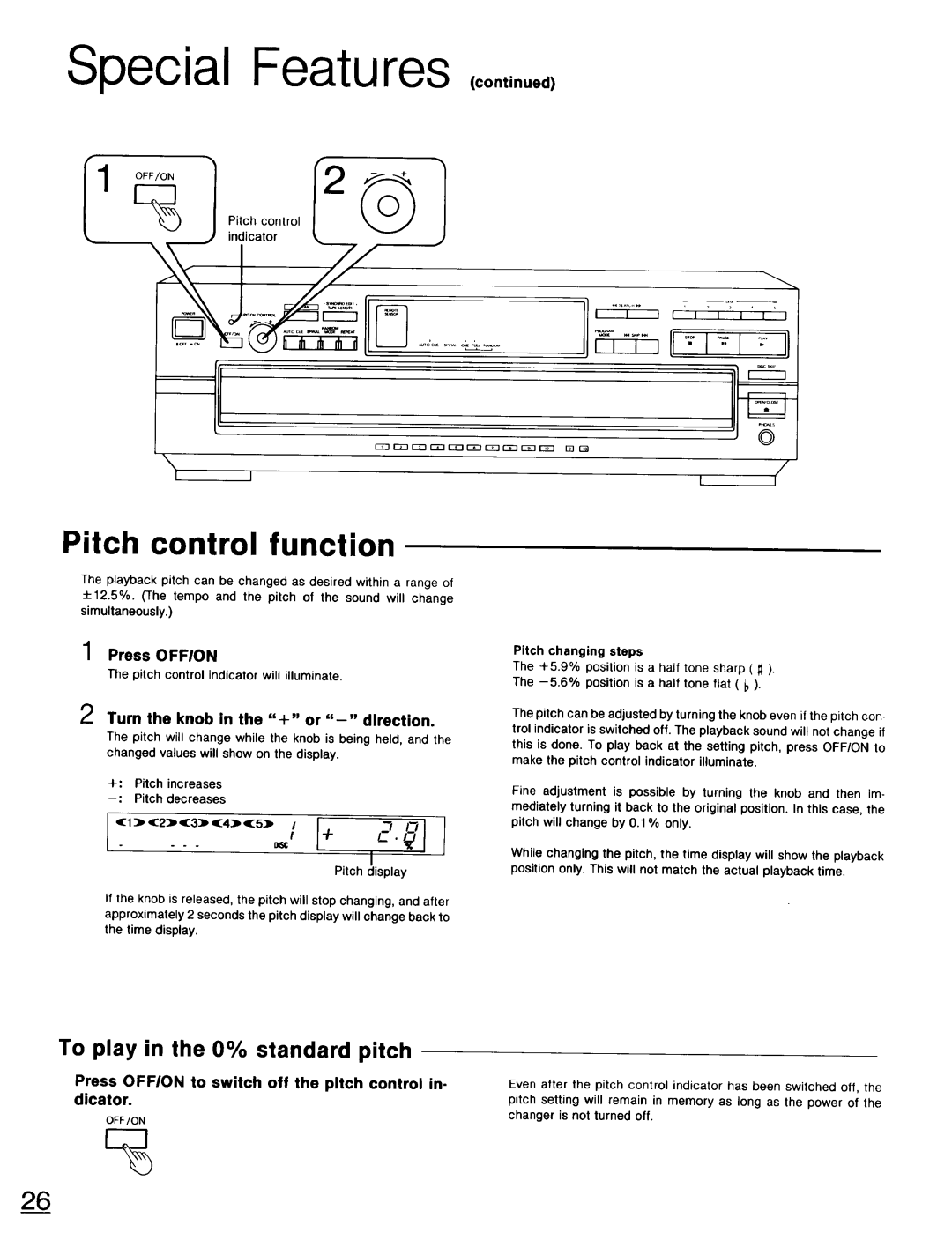 Technics SL-PD947 operating instructions Special Features ,o,,n, Pitch control function, To play Standard pitch 