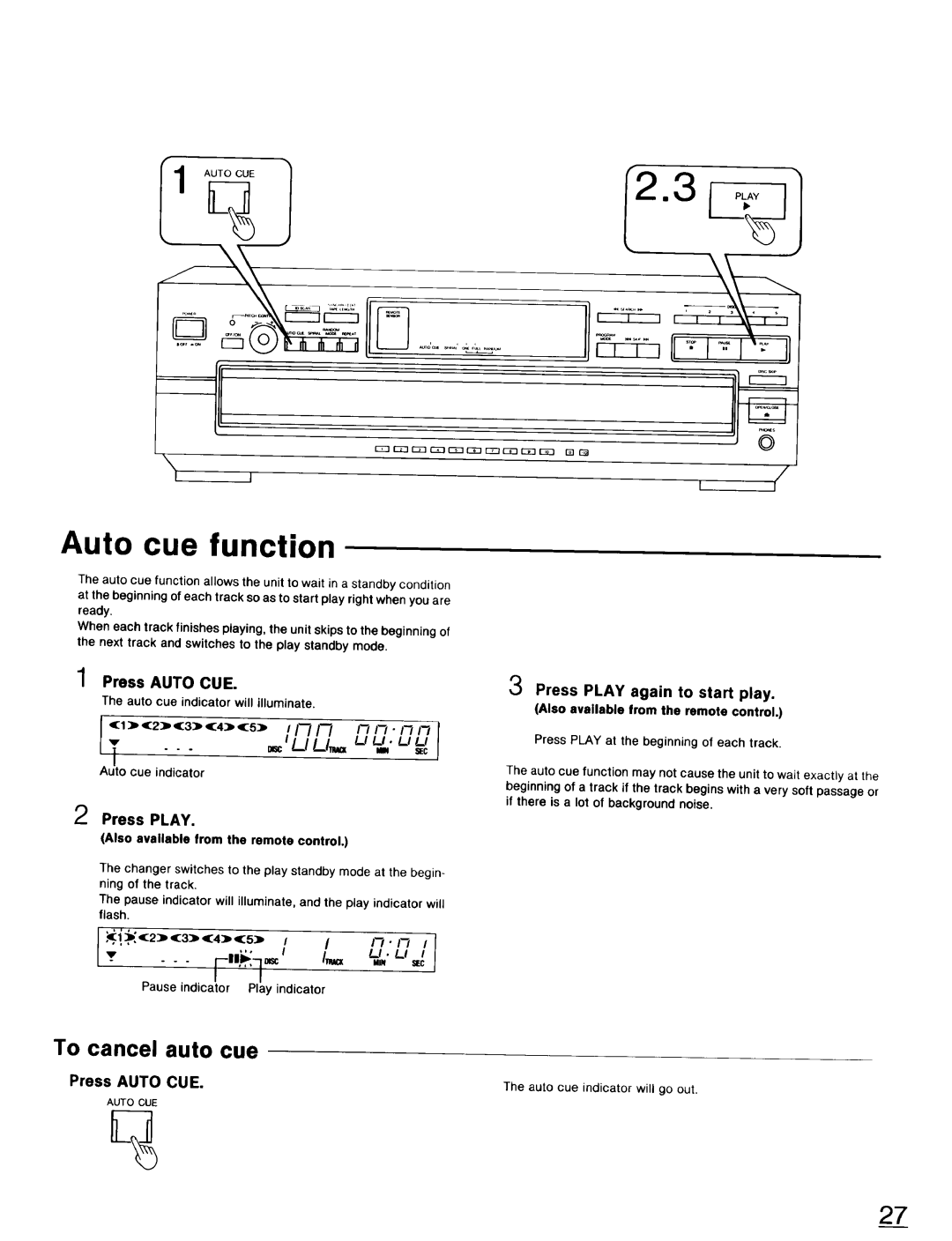 Technics SL-PD947 Auto cue function, To cancel auto cue, Press Auto CUE, Press Play again to start play 