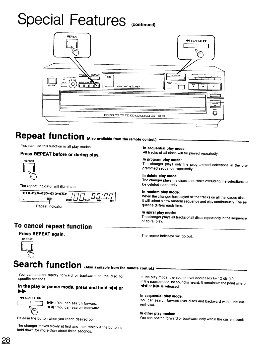 Technics SL-PD947 Special Features ,.o,,u.o, To cancel repeat function, Press Repeat before or during play 